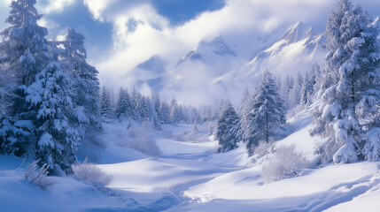 Obraz premium Malowniczy zimowy pejzaż pokazuje śnieżne wzgórza i zakryte śniegiem drzewa. Opadające płatki śniegu tworzą delikatną zasłonę nad cichym krajobrazem.