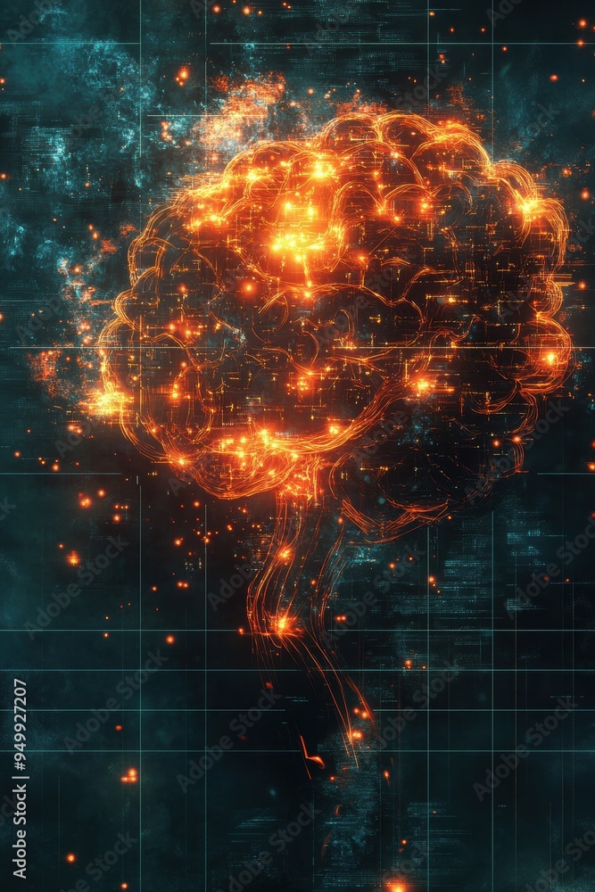 Poster abstract digital brain illustration with glowing lines and data grid