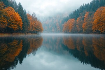 Fototapeta premium Misty autumn lake with vibrant fall foliage reflecting on calm water