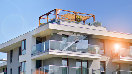 Luxury house complex. Part of City Real estate property, condo architecture. Facades of apartment buildings with balcony in contemporary residential district.