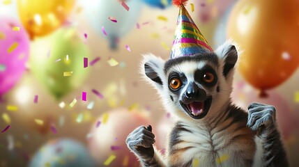 Fototapeta premium Happy Cute Animal Lemur Wearing a Clown Hat, Celebrating New Year's Celebration or Fancy Birthday Party, Lots of Balloons with Shiny Ribbons.