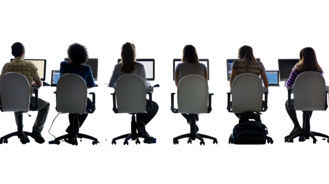 Focused Group Study in a Computer Lab - Isolated on White Background