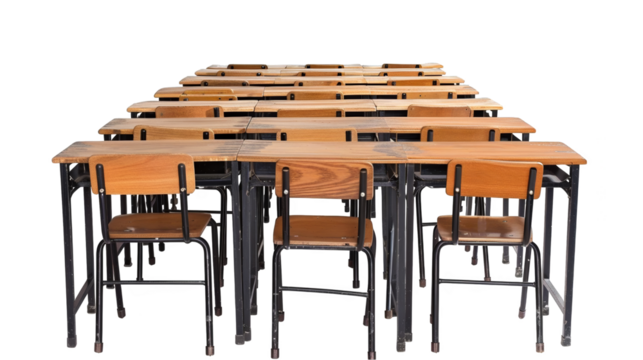 Modern Classroom Furniture - Empty Student Desks Isolated on White Background