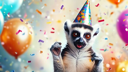 Obraz premium Happy Cute Animal Lemur Wearing a Clown Hat, Celebrating New Year's Celebration or Fancy Birthday Party, Lots of Balloons with Shiny Ribbons.