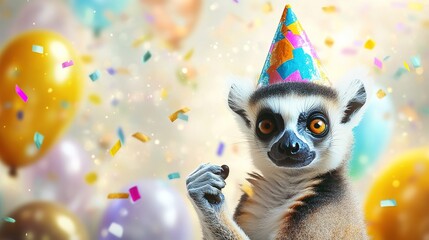 Fototapeta premium Happy Cute Animal Lemur Wearing a Clown Hat, Celebrating New Year's Celebration or Fancy Birthday Party, Lots of Balloons with Shiny Ribbons.