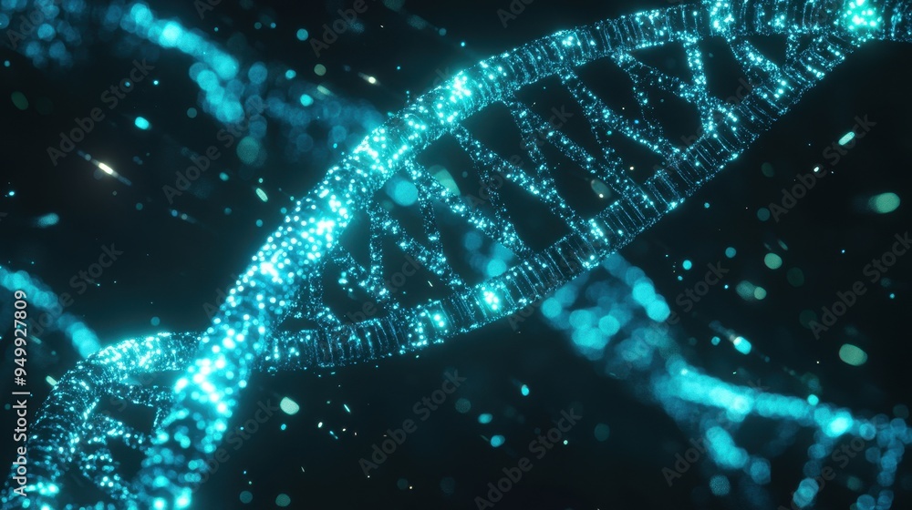 Poster abstract 3d render of a glowing blue dna double helix with particle effects.