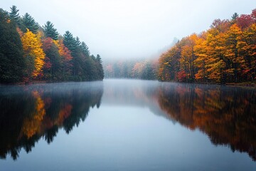 Obraz premium Foggy autumn lake with vibrant trees reflecting on still water
