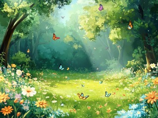 Obraz premium Enchanted Forest Meadow with Butterflies and Flowers - Watercolor Painting.