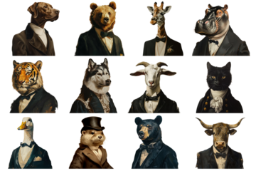 PNG surreal vintage animal head character design element set, transparent background