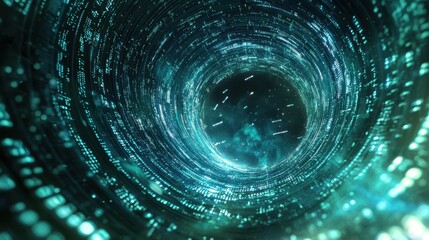 Obraz premium Abstract Blue and Green Swirling Tunnel of Light - Digital Art, Technology, and Space Background.