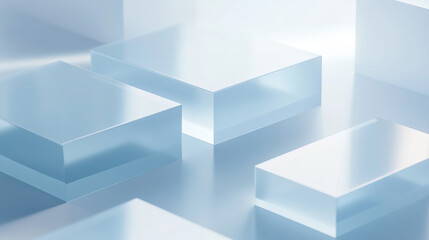 Minimalist design style abstract background, blue frosted glass and white acrylic material, the rectangle reflects a transparent sense of technology.