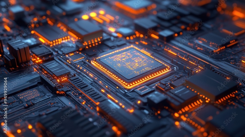 Poster closeup of glowing computer chip on circuit board.