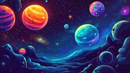 Vibrant Cosmic Landscape with Planets and Stars - Space Background Illustration.