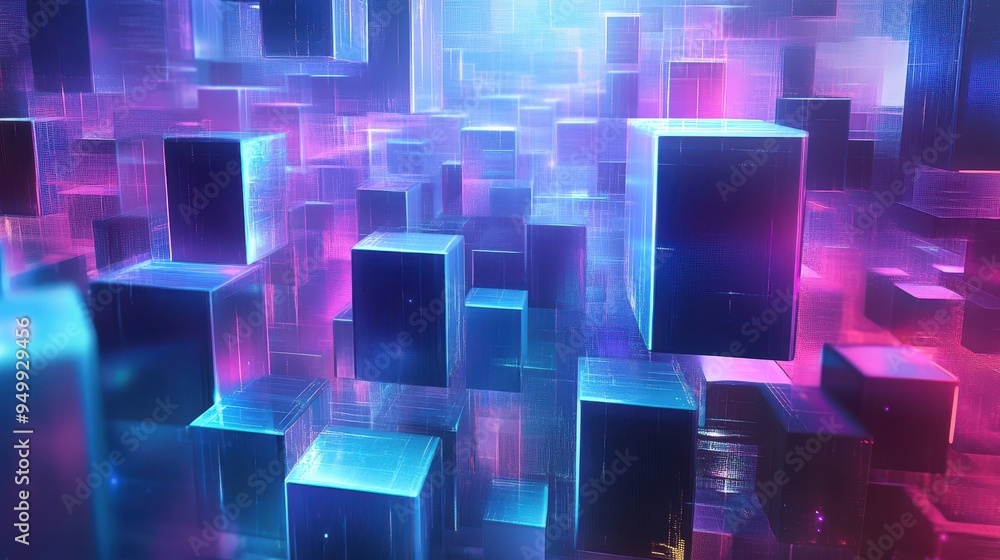 Poster abstract neon cityscape with futuristic glowing cubes and digital grid pattern.