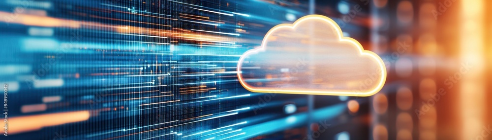 Poster futuristic cloud computing technology with vibrant data streams, symbolizing connectivity and digita