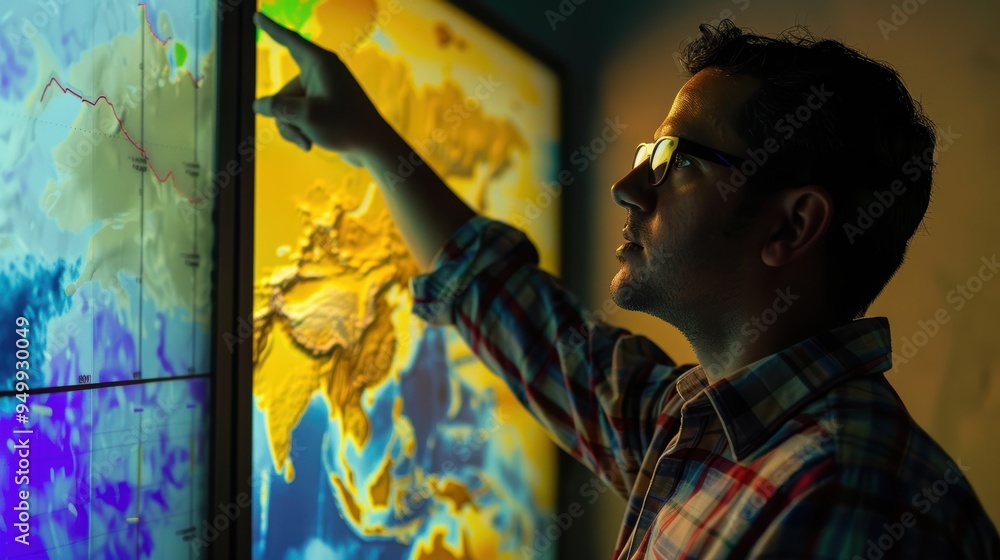 Poster scientist analyzing world map displaying global warming effects