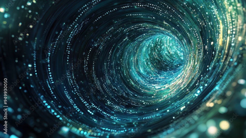 Poster abstract blue and gold digital tunnel with code and data stream.