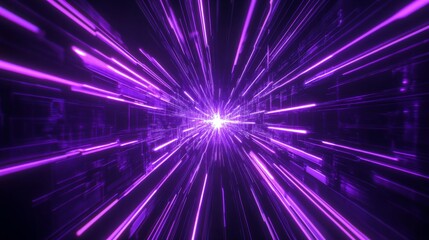 Obraz premium Electric purple neon light beams radiate outward from the center of a dark background, suggesting themes of technology, big data, and computer-operated automated virtual assistants.