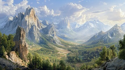 Fototapeta premium Enchanting panorama of towering mountains adorned with verdant forests and rugged cliffs.