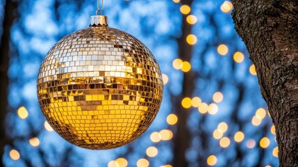 Obraz premium A shimmering golden disco ball adorns a festive tree, illuminating the night with joyful reflections for a holiday celebration