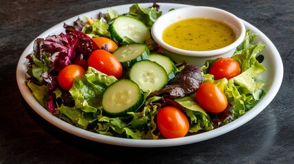 Flat lay of fresh garden salad with mixed greens cherry tomatoes cucumber and a light lemon vinaigrette