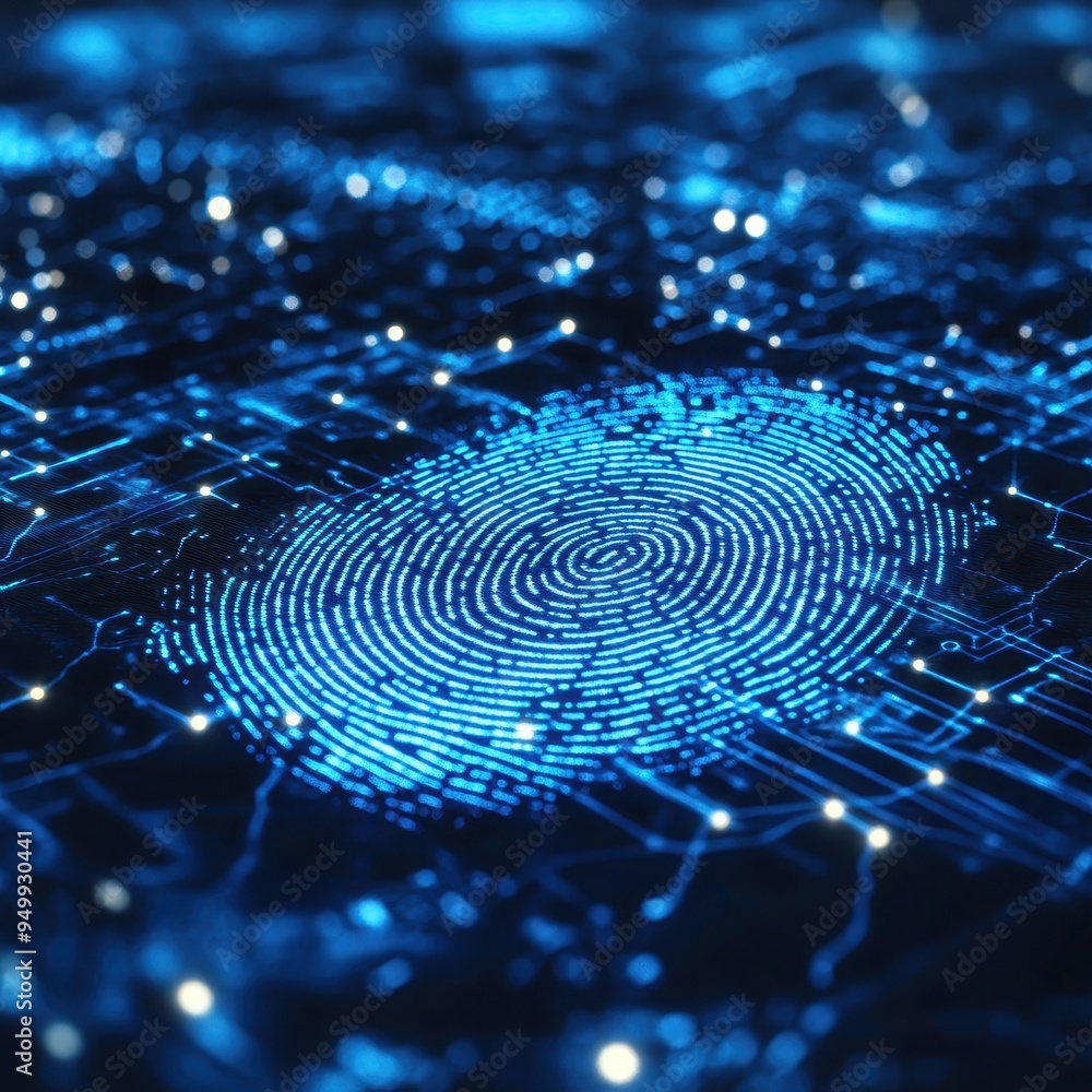 Poster abstract fingerprint on circuit board with blue glow and lights - cybersecurity concept.
