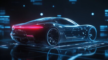 Fototapeta premium Futuristic Car Design with Blue and Red Neon Lights, Wireframe, Futuristic Background, Abstract Car, Concept Car, 3D Render, Cyberpunk, Sci-Fi, Technology, Digital Art.