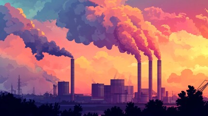 Obraz premium Industrial pollution with smoke clouds harming the environment, contributing to global warming and climate change. Website landing page background illustrating environmental concerns.