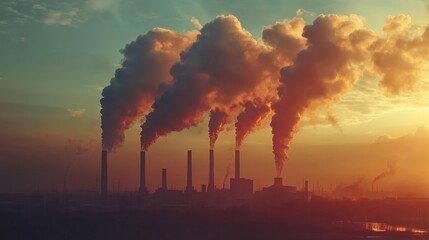 Industrial pollution with smoke clouds harming the environment, contributing to global warming and climate change. Website landing page background illustrating environmental concerns.