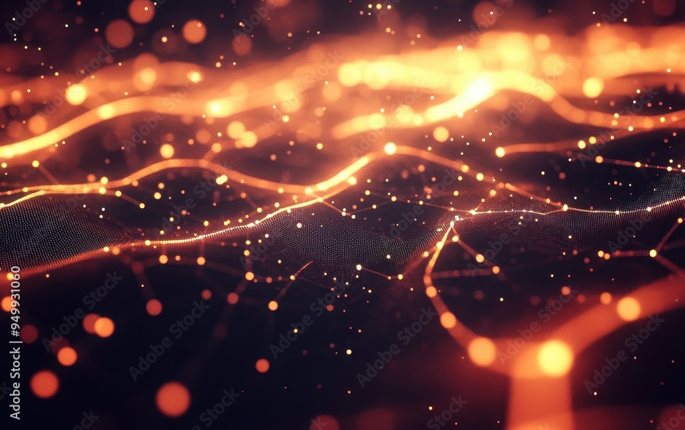 Poster abstract orange and black background with bokeh lights and particle waves
