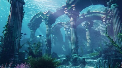 Sunbeams illuminate an ancient underwater city, casting shadows on the crumbling columns.