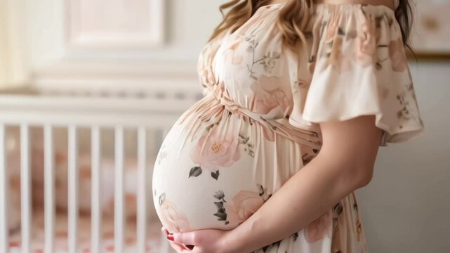 pregnant woman touching her belly standing by the window at home