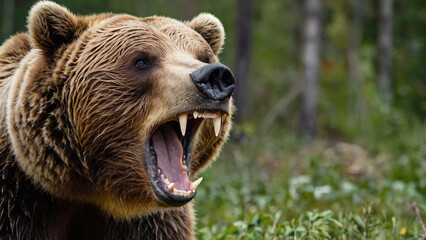 Fototapeta premium Grizzly bear with open mouth in the summer forest.