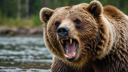 Obraz premium Close-up of a brown bear in the forest. Dangerous animal