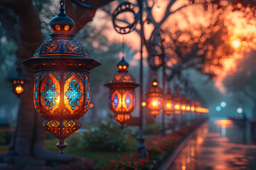 Obraz premium A street adorned with a series of colorful lanterns, enhancing the ambiance with their bright and cheerful glow.