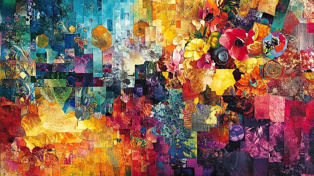A colorful collage showcasing a kaleidoscope of patterns and textures, creating a visually stimulating and abstract design.