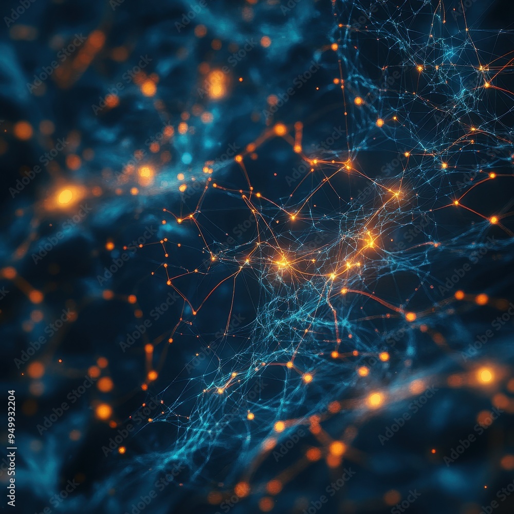 Poster abstract network of glowing lines and points, blue and orange color palette, technology and science 