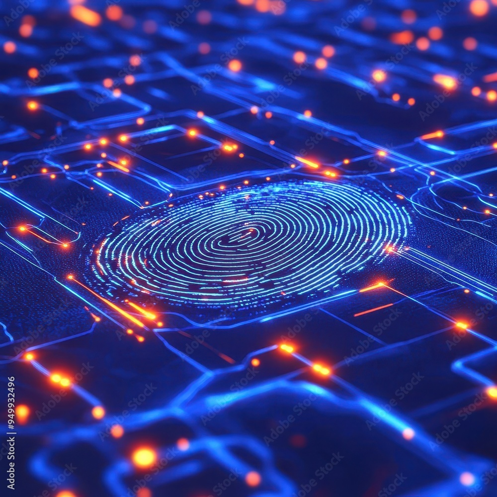 Poster abstract fingerprint on digital circuit board with glowing lines