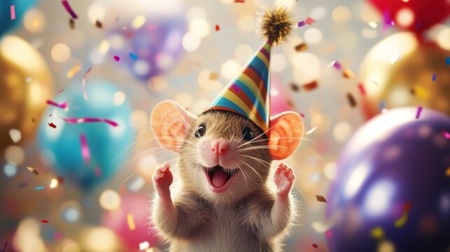 Happy Cute Animal Mouse Wearing a Clown Hat, Celebrating New Year's Celebration or Fancy Birthday Party, Lots of Balloons with Shiny Ribbons.