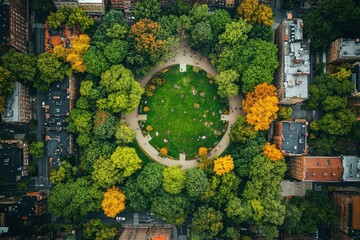 Aerial View of a Green Park Surrounded by Buildings
