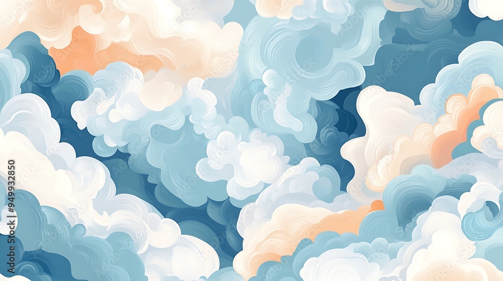 Wall mural abstract whimsical cloud illustration blue white beige swirling pattern background texture