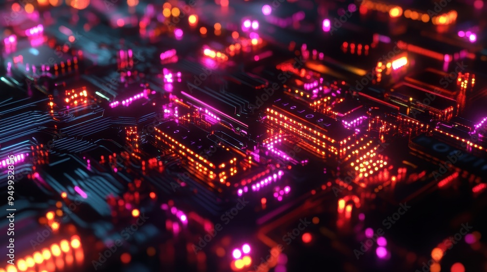 Poster abstract circuit board with red and pink leds - technology background