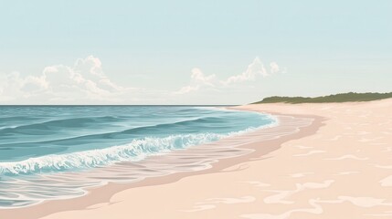 Fototapeta premium Tranquil Beach Landscape with Soft Blue Ocean Waves and Sandy Shore.