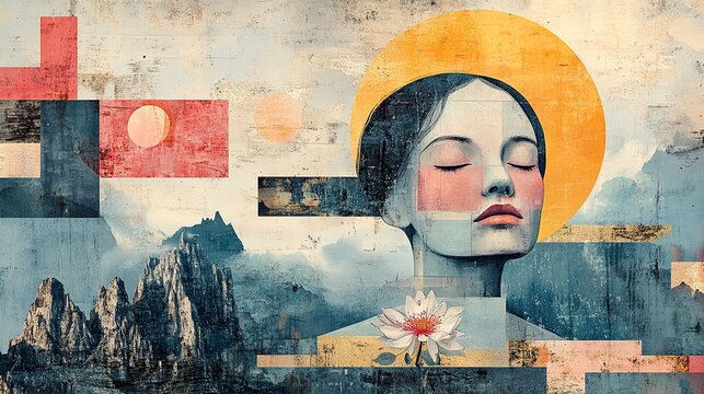 A collage exploring the concept of inner peace, featuring abstract shapes, calming colors, and symbols of tranquility.