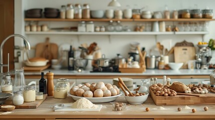 Fototapeta premium Kitchen Counter with Baking Ingredients and Bread Dough Balls