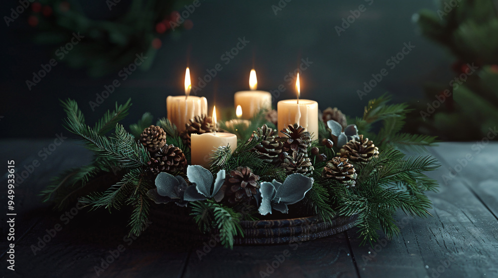 Aufkleber creating a cozy christmas ambiance with burning advent candles, pine cones, and fir branches on a ru