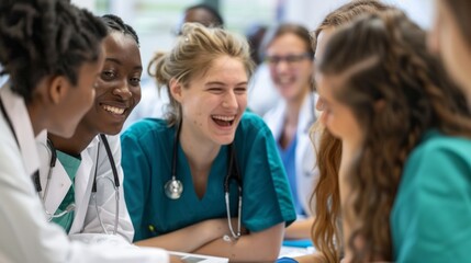 Fototapeta premium A group of young women are laughing and smiling at each other