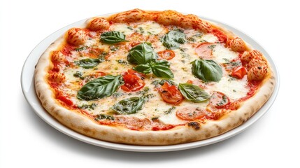A pizza with basil and tomatoes on top of a white plate