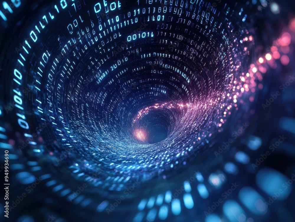 Poster abstract digital tunnel with binary code and glowing lights - futuristic technology background