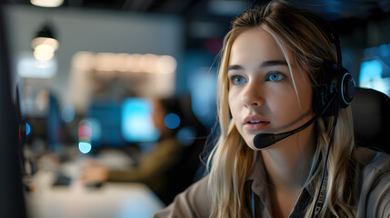 Portrait of a young woman call center operator. AI Generated
